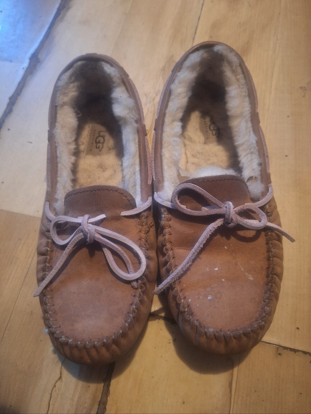 UGG Chestnut Brown Suede Moccasin Slippers with Shearling Lining